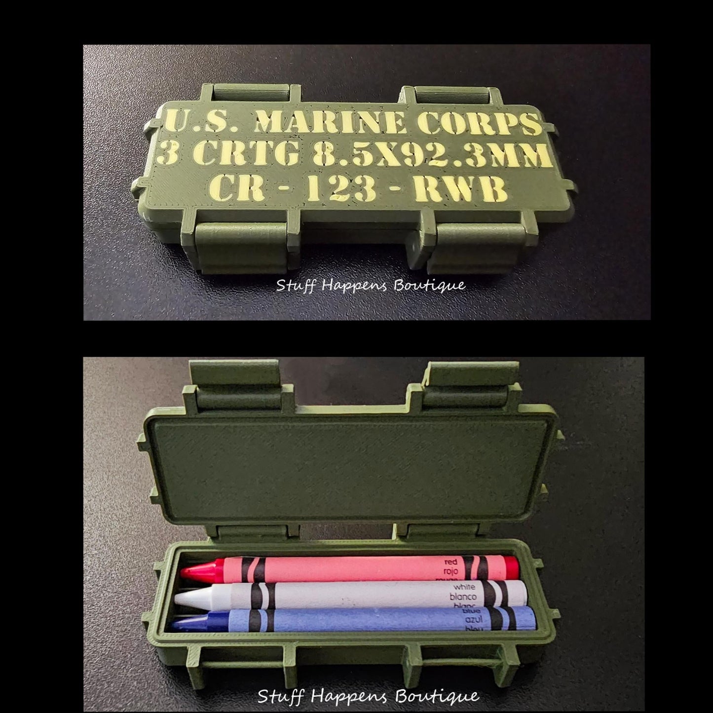Patriotic USMC Crayon Ration Box,– Red, white, & Blue- 3D Printed Box w/ Crayons