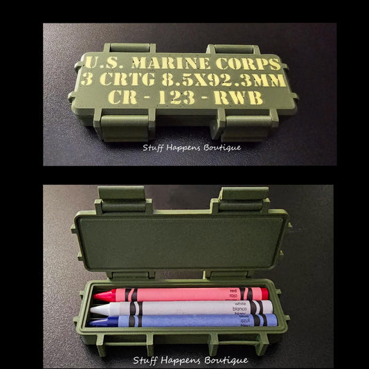 Patriotic USMC Crayon Ration Box,– Red, white, & Blue- 3D Printed Box w/ Crayons