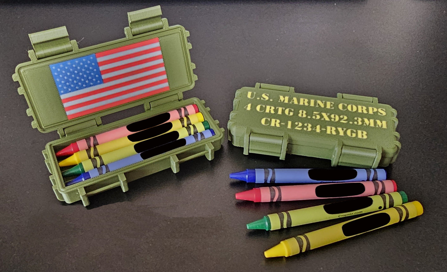 Marine Corps Crayon Ration Box – Now with a Surprise American Flag Inside! - 3D Printed Box w/ Crayons